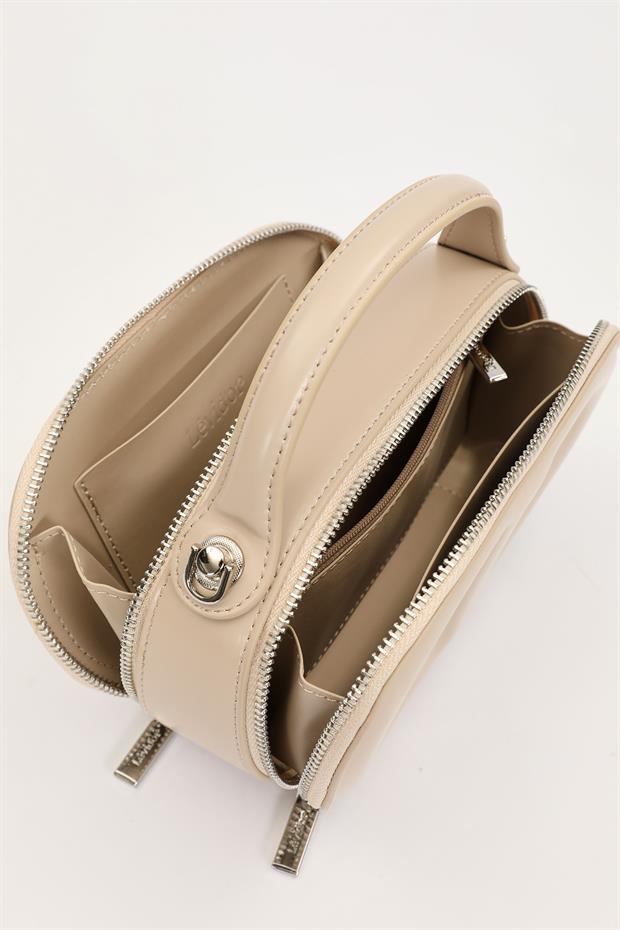 Bej Çift Fermuarlı El Çantası