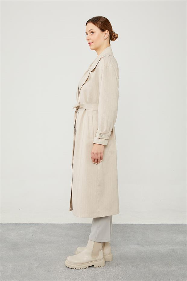 Bej Çizgili Desen Kuşak Kapamalı Trençkot