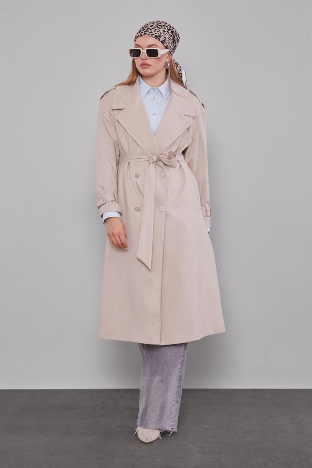 Bej Çizgili Desen Kuşak Kapamalı Trençkot