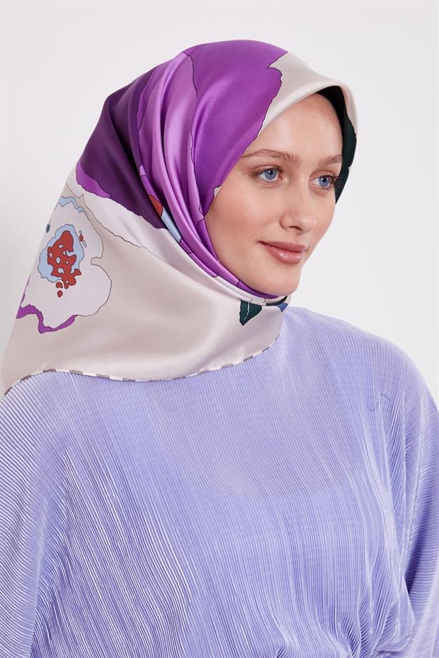 Bej Çizim Çiçek Desen Twill İpek Eşarp