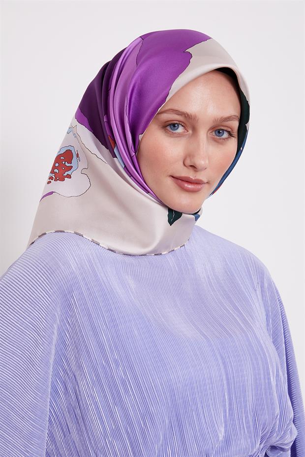 Bej Çizim Çiçek Desen Twill İpek Eşarp