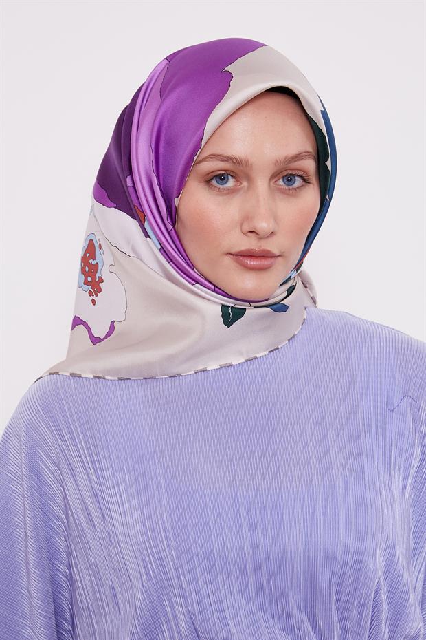 Bej Çizim Çiçek Desen Twill İpek Eşarp