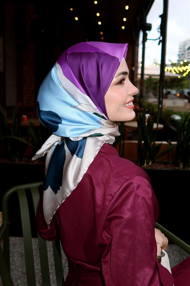 Bej Çizim Çiçek Desen Twill İpek Eşarp