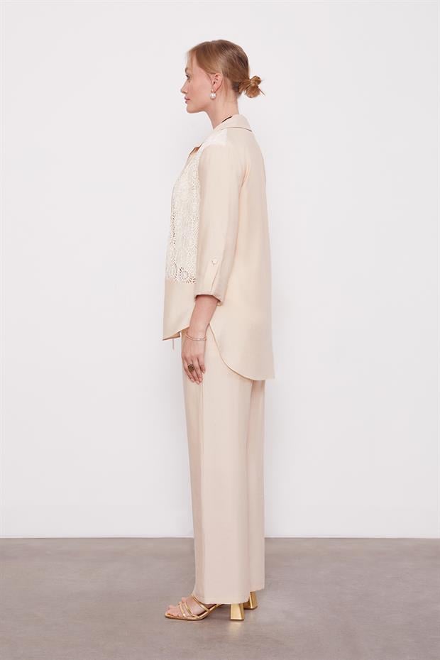 Bej Dantel Detaylı Üçlü Ceket Takım