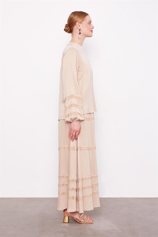 Bej Dantel Şeritli Cupra Etek Takım