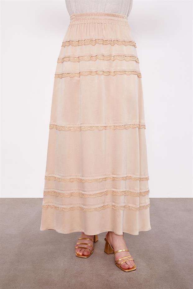 Bej Dantel Şeritli Cupra Etek Takım