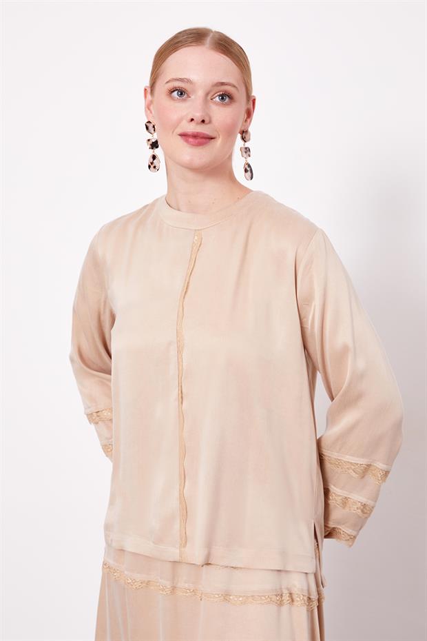 Bej Dantel Şeritli Cupra Etek Takım