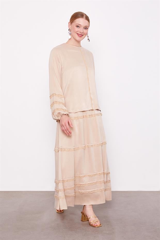 Bej Dantel Şeritli Cupra Etek Takım