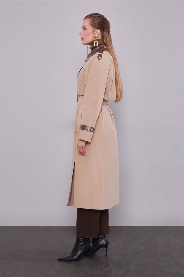 Bej Deri Kumaş Detaylı Trençkot