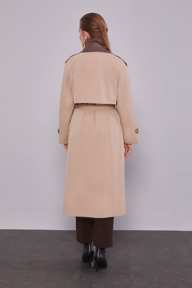 Bej Deri Kumaş Detaylı Trençkot