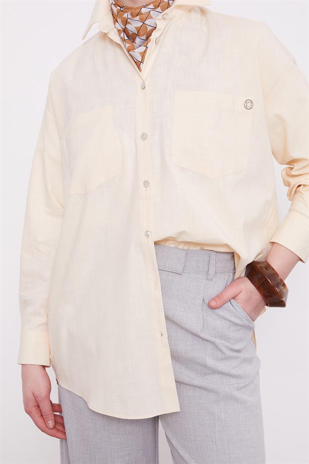 Bej Dokulu Pamuk Gömlek