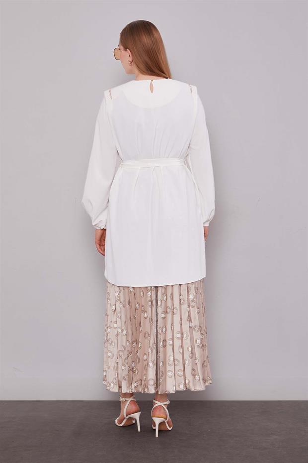 Bej Piliseli Desenli Etek Takım