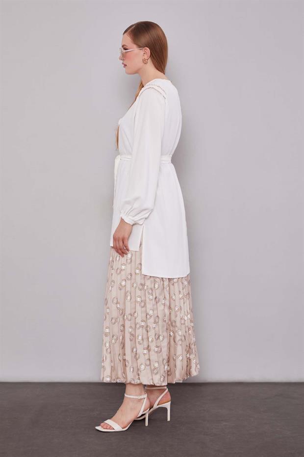 Bej Piliseli Desenli Etek Takım