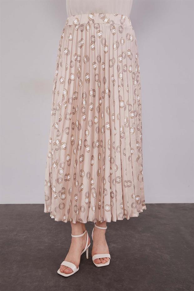 Bej Piliseli Desenli Etek Takım