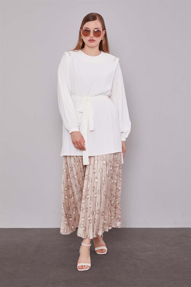 Bej Piliseli Desenli Etek Takım