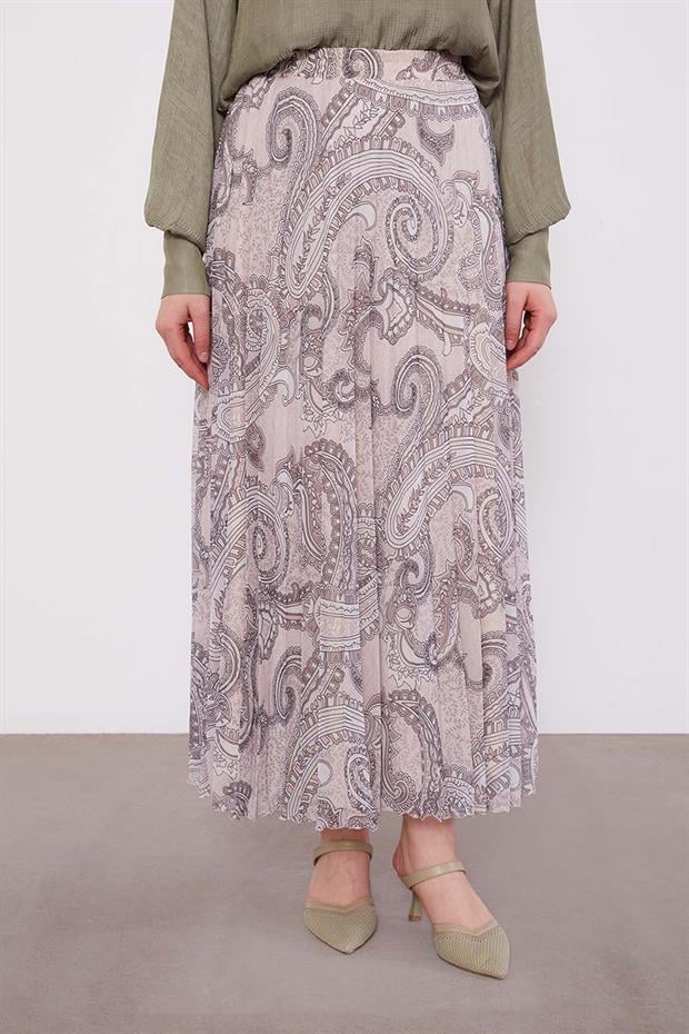 Bej Etnik Desen Piliseli Etek