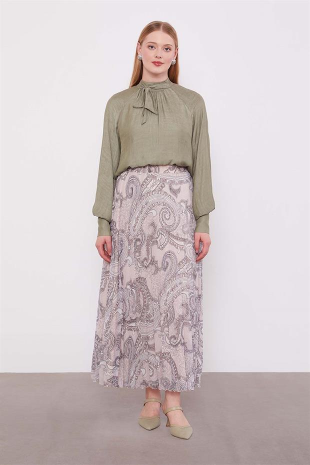 Bej Etnik Desen Piliseli Etek