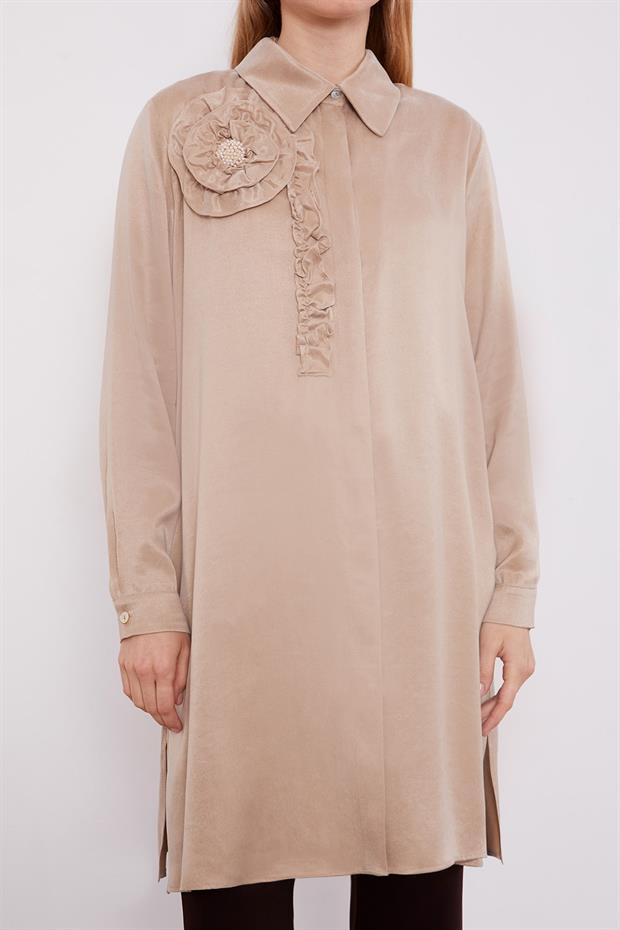 Bej Fırfır Çiçek Detay Cupra Gömlek