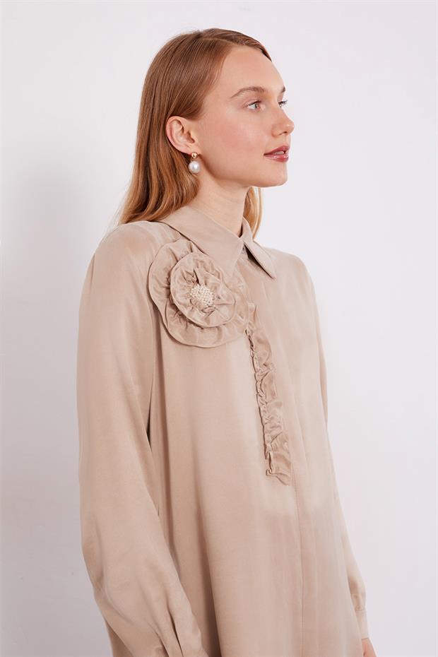 Bej Fırfır Çiçek Detay Cupra Gömlek