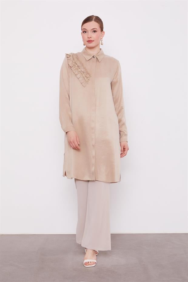 Bej Fırfır Detaylı Cupra Gömlek