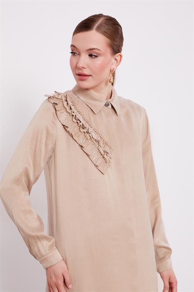 Bej Fırfır Detaylı Cupra Gömlek