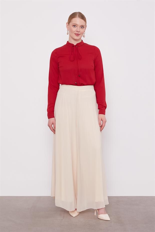 Bej Geniş Paçalı Şifon Pantolon