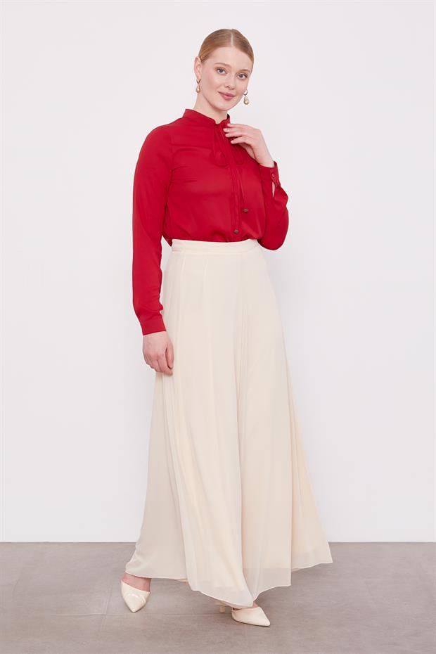 Bej Geniş Paçalı Şifon Pantolon