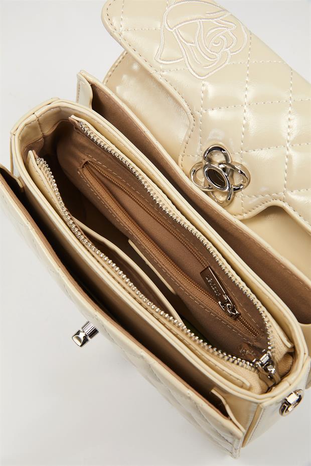 Bej Gül Baskılı El Çantası