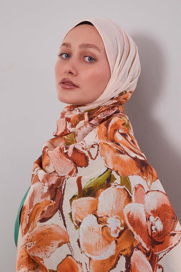 Bej Gül Desen Pamuk Şal