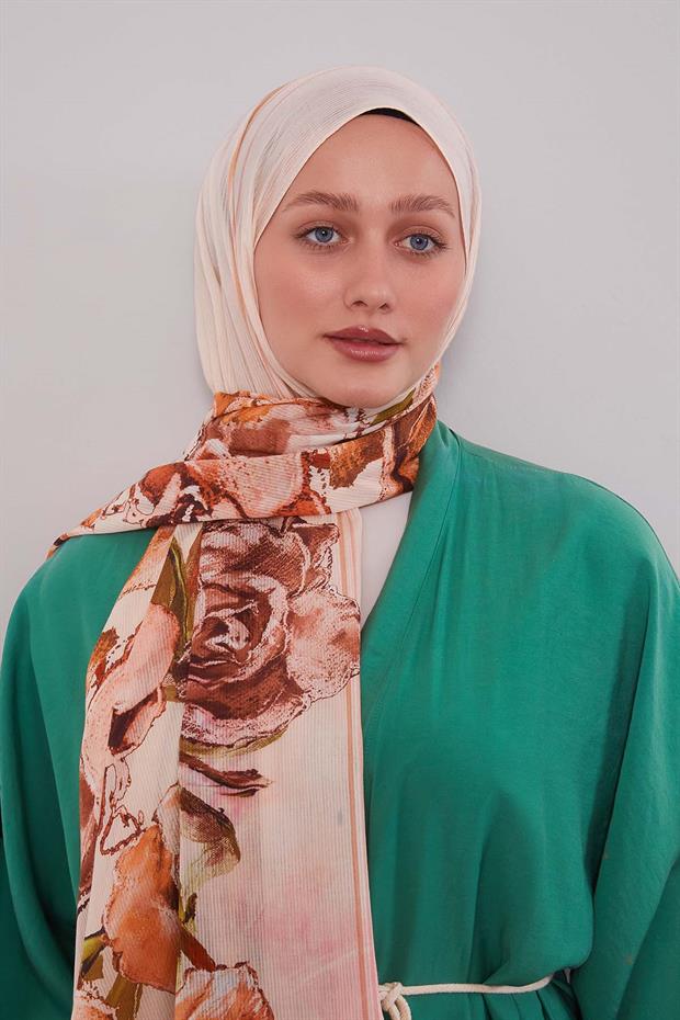 Bej Gül Desen Pamuk Şal