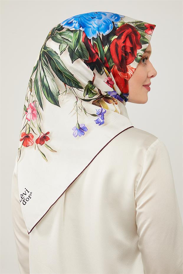 Bej Gül Desen Pure İpek Eşarp