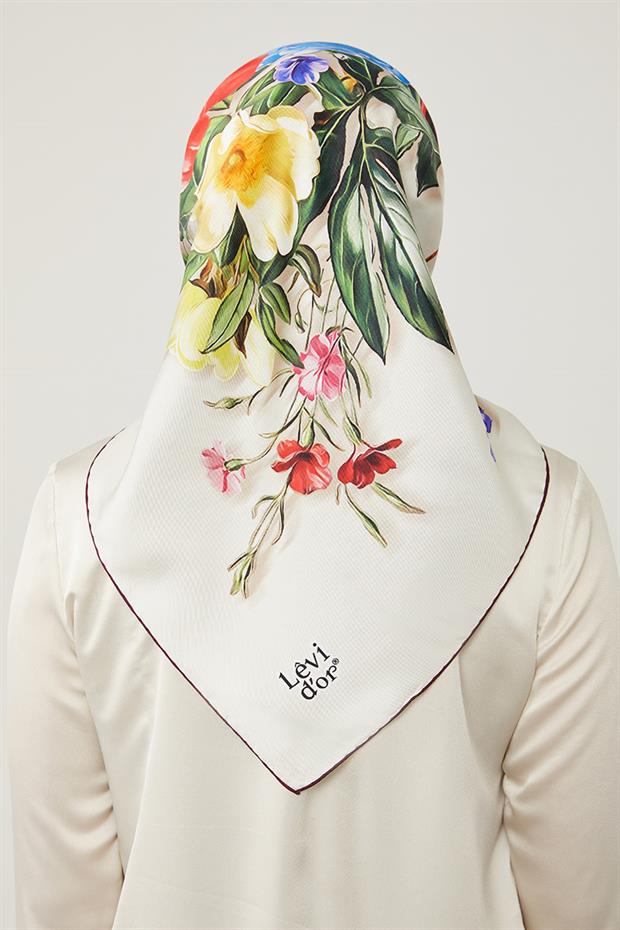 Bej Gül Desen Pure İpek Eşarp