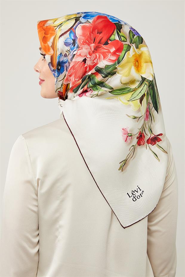 Bej Gül Desen Pure İpek Eşarp