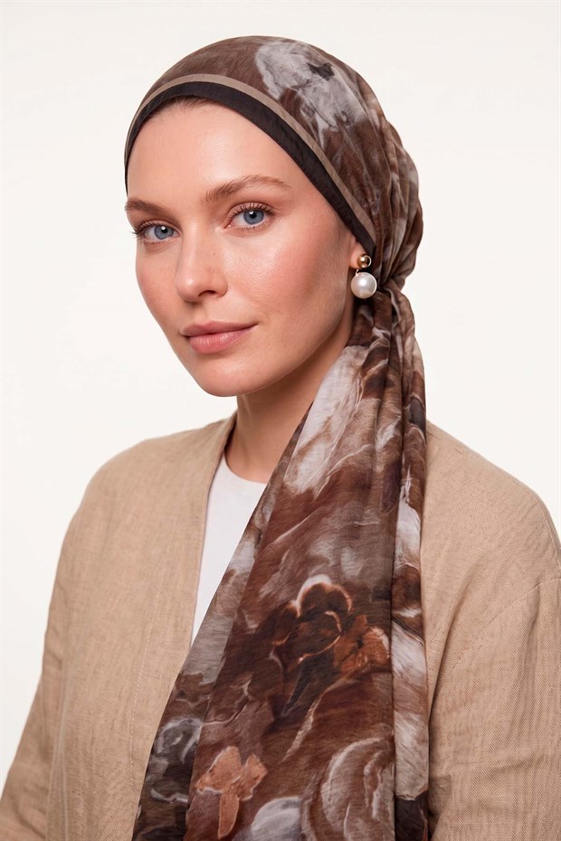 Bej Gül Desenli Tencel Şal