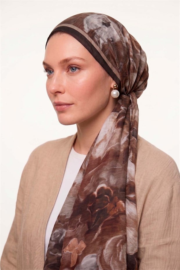 Bej Gül Desenli Tencel Şal