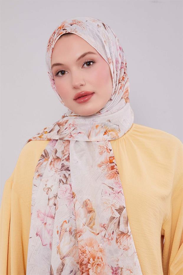 Bej Güllü Desen Pamuk Şal