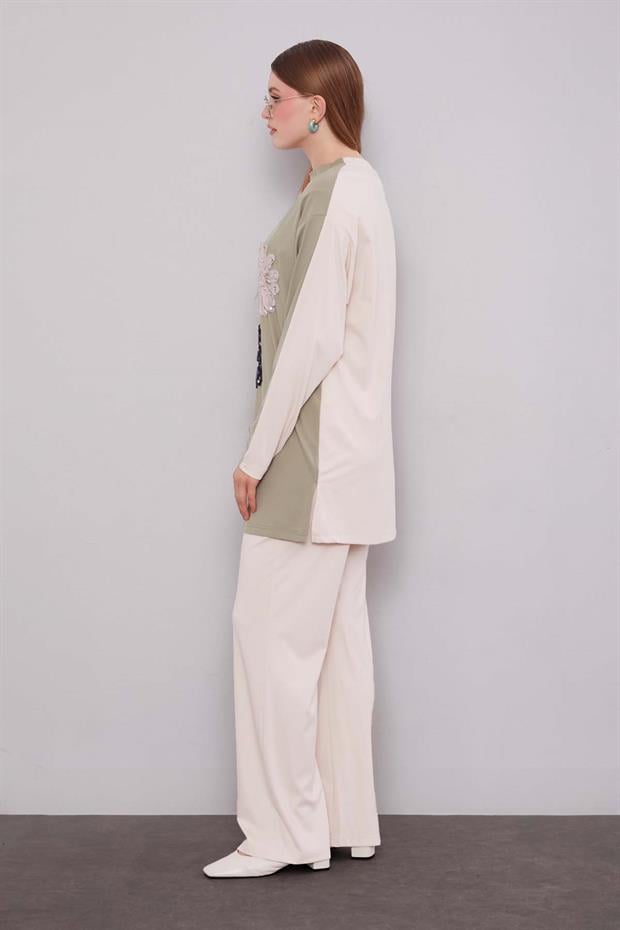 Bej - Haki Çift Çiçek Motifli İkili Takım