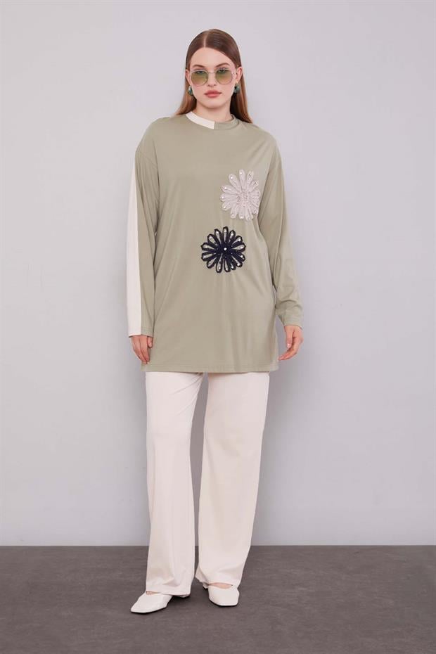 Bej - Haki Çift Çiçek Motifli İkili Takım
