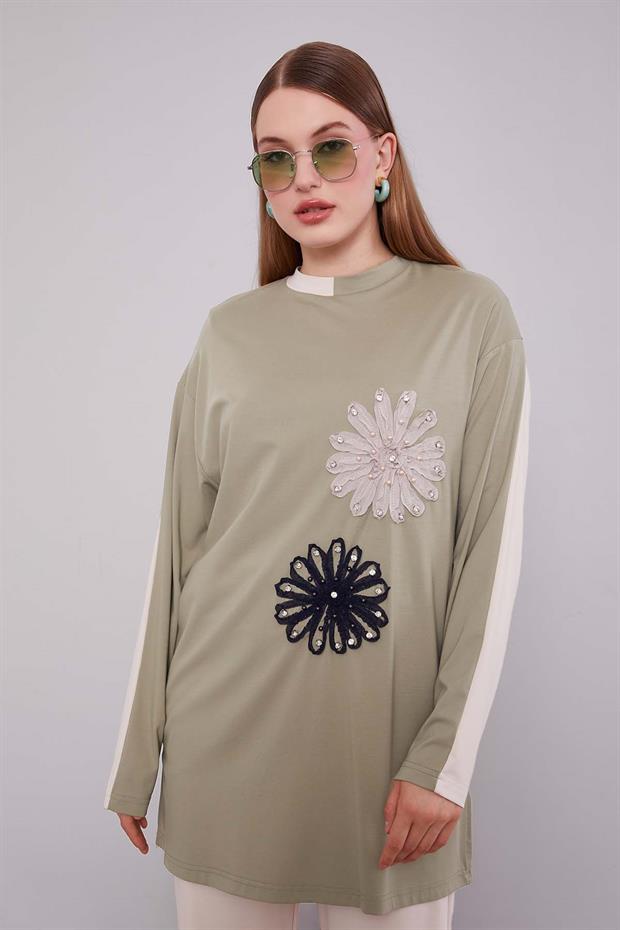 Bej - Haki Çift Çiçek Motifli İkili Takım