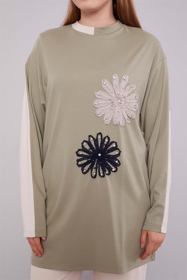 Bej - Haki Çift Çiçek Motifli İkili Takım