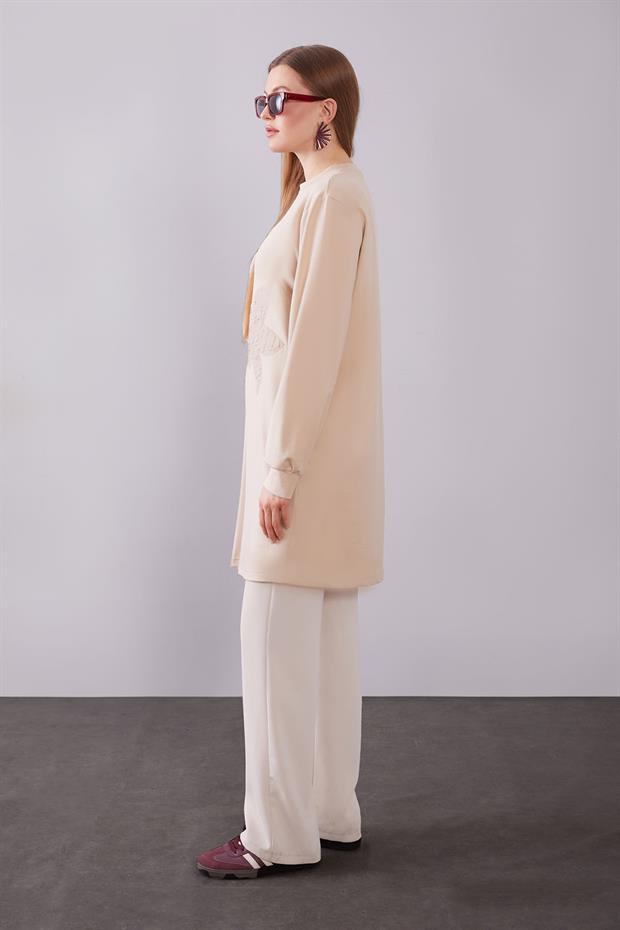 Bej İkili Çiçek Desenli Sweat