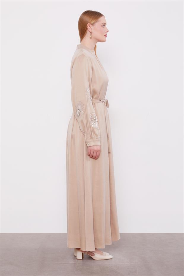 Bej İnci Nakış Detaylı Cuıpra Elbise
