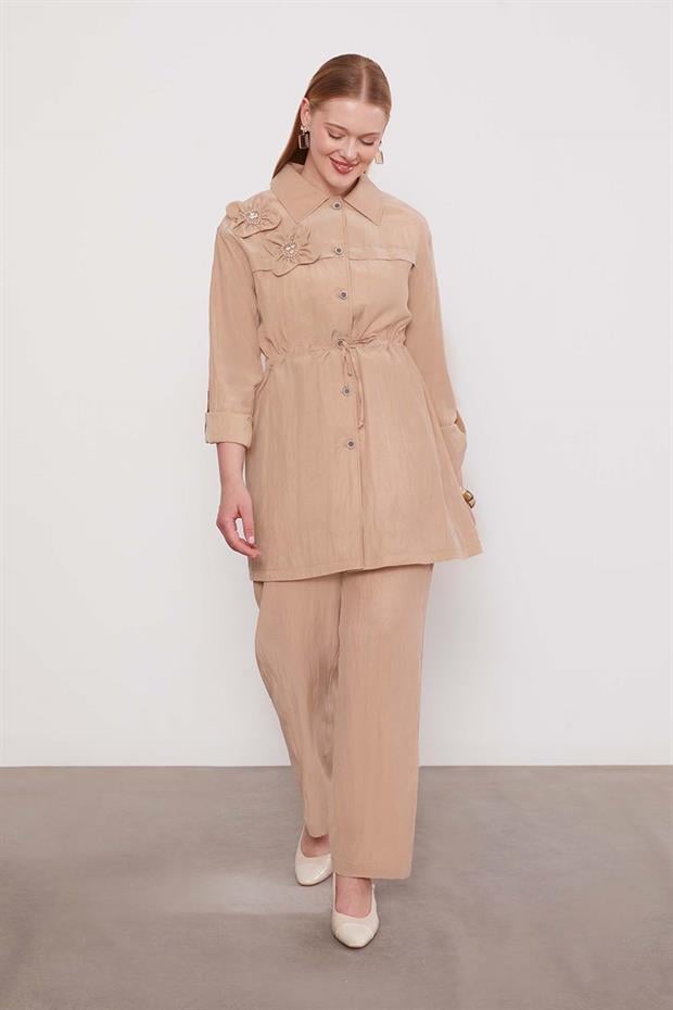 Bej İşleme Omuz Detaylı Cupra İkili Takım