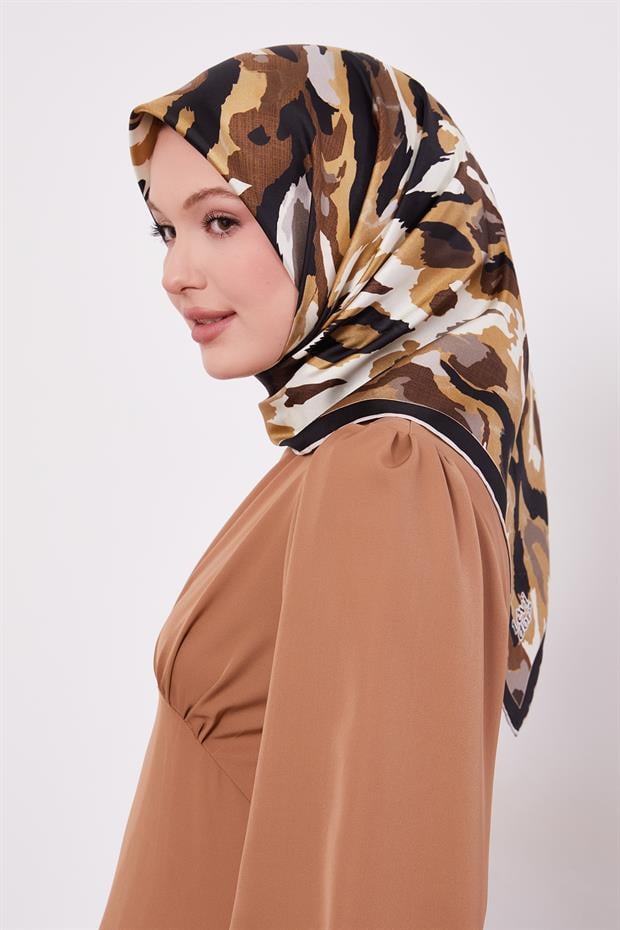 Bej Kamuflaj Desen Twill İpek Eşarp