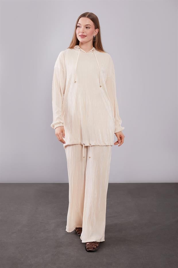 Bej Kapüşonlu Bağcık Detaylı İkili Takım