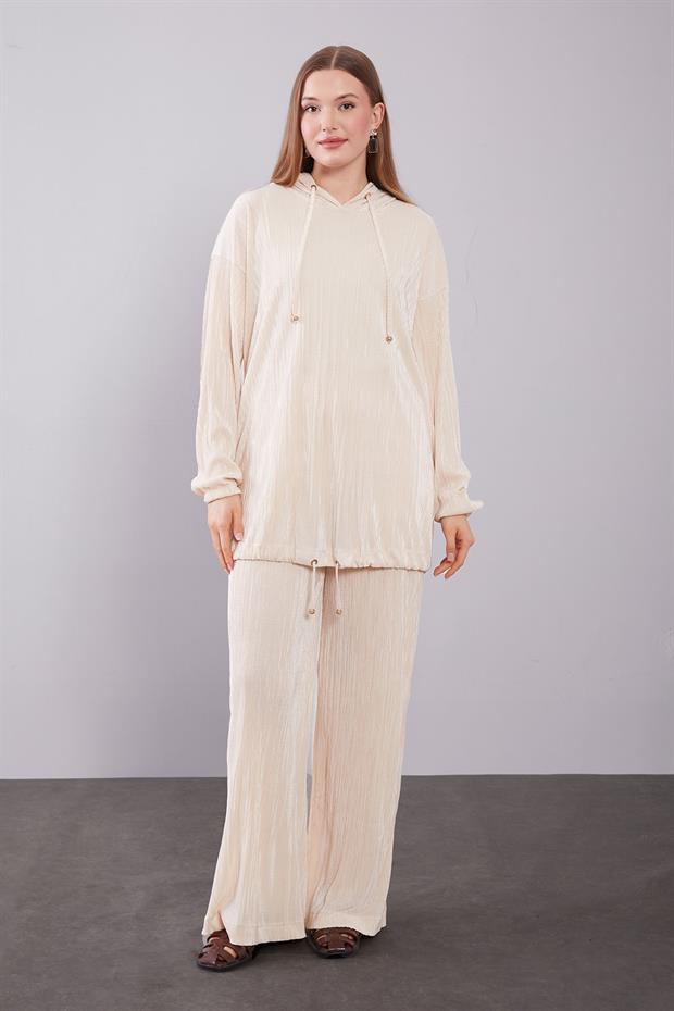 Bej Kapüşonlu Bağcık Detaylı İkili Takım