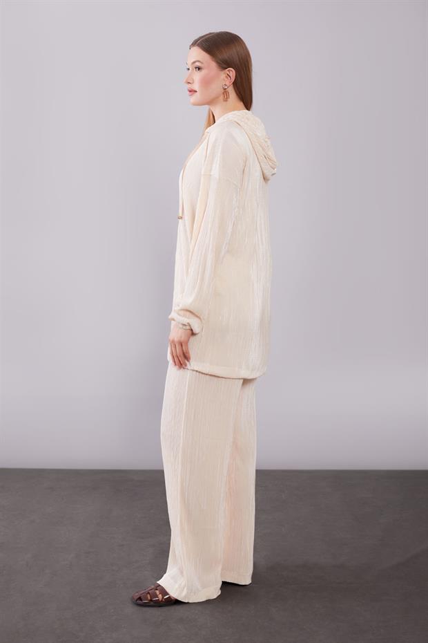 Bej Kapüşonlu Bağcık Detaylı İkili Takım