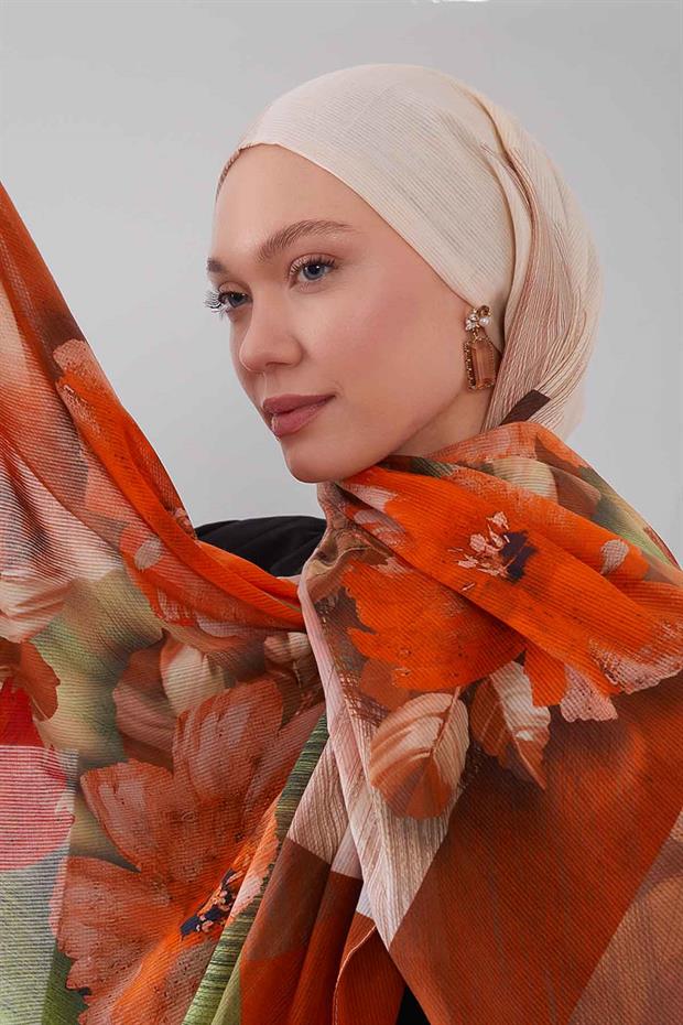 Bej Karışık Çiçek Desen Pamuk Şal