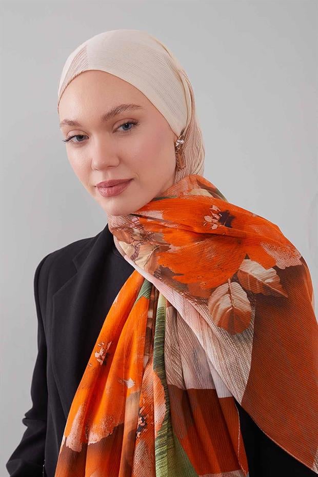 Bej Karışık Çiçek Desen Pamuk Şal