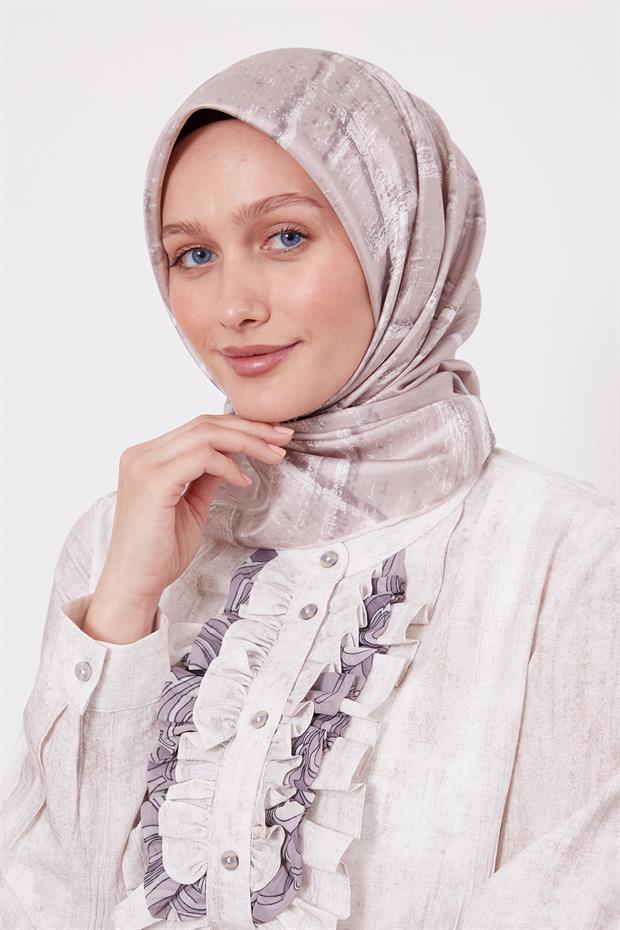 Bej Karışık Fırça Desen Twill İpek Eşarp